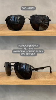 Óculos de Sol Ferrovia Masculino Preto Aviador Quadrado Ponte Alta Polarizado em Metal 453153