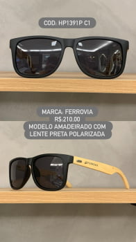 Óculos de Sol Ferrovia Masculino Preto com Perna Amadeirada em Bambu Quadrado Lente Preta Acetato Polarizado HP1391P C1