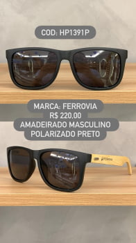Óculos de Sol Ferrovia Masculino Preto com Perna Amadeirada em Bambu Quadrado Lente Preta Acetato Polarizado HP1391P C1