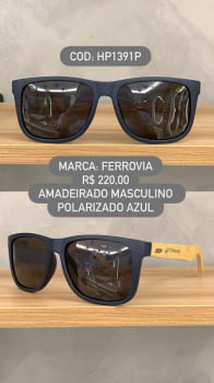 Óculos de Sol Ferrovia Masculino Azul Quadrado Lente Preta Polarizado Perna Amadeirada Acetato HP1391P C6