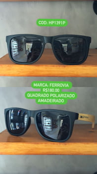 Óculos de Sol Ferrovia Masculino Preto com Perna Amadeirada em Bambu Quadrado Lente Preta Acetato Polarizado HP1391P_