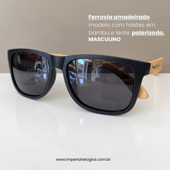 Óculos de Sol Ferrovia Masculino Preto com Perna Amadeirada em Bambu Quadrado Lente Preta Acetato Polarizado HP1391P_