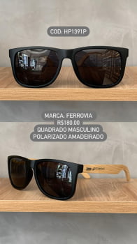 Óculos de Sol Ferrovia Masculino Preto com Perna Amadeirada em Bambu Quadrado Lente Preta Acetato Polarizado HP1391P_