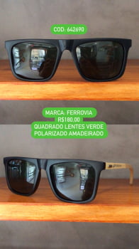 Óculos de Sol Ferrovia Masculino Preto com Pernas Amadeiradas em Bambu Quadrado Acetato Lente Verde Polarizado 642690_