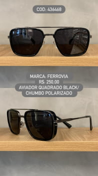Óculos de Sol Ferrovia Masculino Preto e Chumbo Aviador Quadrado Ponte Alta com Lente Preta Polarizada 436468