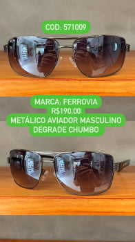Óculos de Sol Ferrovia Masculino Preto e Chumbo Esmaltado Aviador Quadrado Metal e Acetato com Ponte Alta Lente Degrade 571001