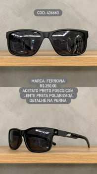 Óculos de Sol Ferrovia Masculino Preto e Cinza Fosco com Lentes Pretas e Polarizadas em Acetato 436663 6205