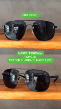 Óculos de Sol Ferrovia Masculino Preto Esmaltado Aviador Quadrado com Ponte Alta e Lente Preta Metal 571001