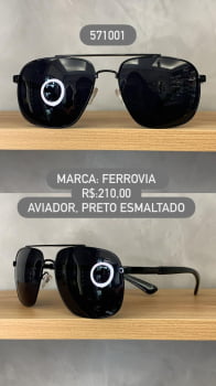 Óculos de Sol Ferrovia Masculino Preto Esmaltado Aviador Quadrado com Ponte Alta e Lente Preta Metal 571001 Óculos de Sol Ferrovia Masculino Preto Esmaltado Aviador Quadrado com Ponte Alta e Lente Preta Metal 571001