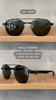 Óculos de Sol Ferrovia Masculino Preto Esmaltado Aviador Quadrado Lente Verde Ponte Alta Metal Polarizado 790294 