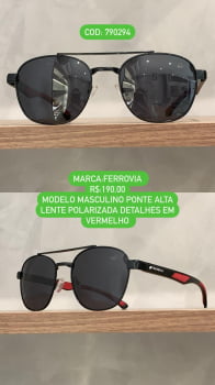 Óculos de Sol Ferrovia Masculino Preto Esmaltado com Detalhe Vermelho Aviador Ponte Alta Lente Polarizada 790294