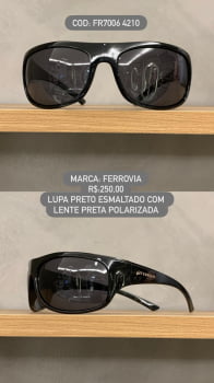 Óculos de Sol Ferrovia Masculino Preto Esmaltado Lupa Esportivo Flexível Lente Preta Polarizado em Acetato FR7006 4210 Óculos de Sol Ferrovia Masculino Preto Esmaltado Lupa Esportivo Flexível Lente Preta Polarizado em Acetato FR7006 4210