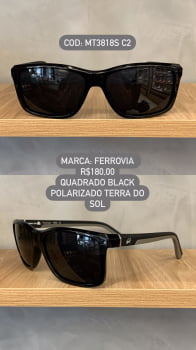 Óculos de Sol Ferrovia Masculino Preto Esmaltado Quadrado com Lente Preta Terra do Sol Polarizado em Acetato MT3818S C2