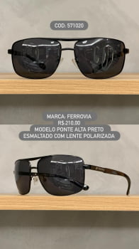 Óculos de Sol Ferrovia Masculino Preto Esmaltado Quadrado com Ponte Alta Lente Preta Polarizada Metal 571020