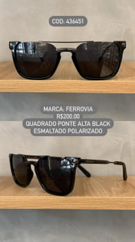 Óculos de Sol Ferrovia Masculino Preto Esmaltado com Lente Preta Polarizada Quadrado Ponte Alta em Metal 436451