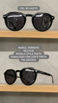 Óculos de Sol Ferrovia Masculino Preto Esmaltado Redondo em Acetato com lente Polarizada BC-HA5107 C1 Óculos de Sol Ferrovia Masculino Preto Esmaltado Redondo em Acetato com lente Polarizada BC-HA5107 C1