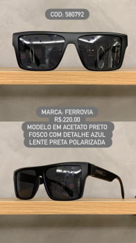 Óculos de Sol Ferrovia Masculino Preto Fosco com detalhe Azul Lentes Pretas Polarizadas em Acetato 580792