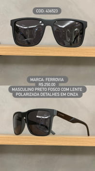 Óculos de Sol Ferrovia Masculino Preto Fosco com lente Polarizada detalhes Cinza em Acetato 436523