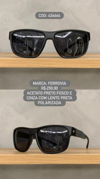 Óculos de Sol Ferrovia Masculino Preto Fosco com lente Polarizada detalhes Cinza em Acetato 436664 Óculos de Sol Ferrovia Masculino Preto Fosco com lente Polarizada detalhes Cinza em Acetato 436664