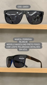Óculos de Sol Ferrovia Masculino Preto Fosco com lente Polarizada detalhes em Azul em Acetato 436531