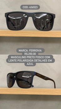 Óculos de Sol Ferrovia Masculino Preto Fosco com lente Polarizada detalhes em Azul em Acetato 436523