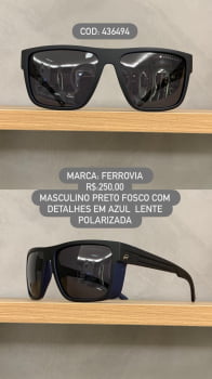 Óculos de Sol Ferrovia Masculino Preto Fosco com Lente Preta Polarizada detalhes em Azul em Acetato 436494