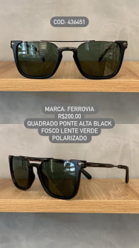 Óculos de Sol Ferrovia Masculino Preto Fosco com Lente Verde Polarizada Quadrado Ponte Alta em Metal 436451
