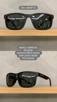 Óculos de Sol Ferrovia Masculino Preto Fosco com Lentes Verdes Polarizadas em Acetato 65025P C2 Óculos de Sol Ferrovia Masculino Preto Fosco com Lentes Verdes Polarizadas em Acetato 65025P C2