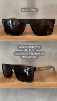 Óculos de Sol Ferrovia Masculino Preto Fosco com Perna Amadeirada em Bambu Lente Preta Acetato Polarizado TP7527