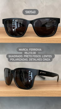 Óculos de Sol Ferrovia Masculino Preto Fosco Detalhes Cinza com Lentes Pretas Polarizadas em Acetato 580560 Óculos de Sol Ferrovia Masculino Preto Fosco Detalhes Cinza com Lentes Pretas Polarizadas em Acetato 580560