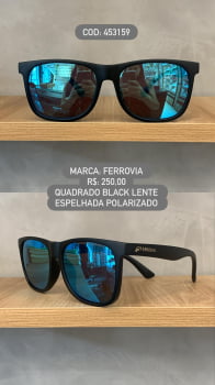 Óculos de Sol Ferrovia Masculino Preto Fosco Flexível Quadrado Lente Espelhada Azul Polarizado em Acetato 453159