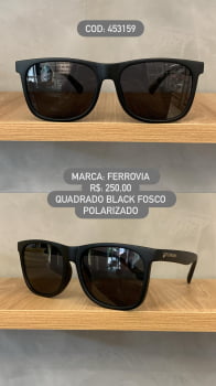 Óculos de Sol Ferrovia Masculino Preto Fosco Flexível Quadrado Lente Preta Polarizado em Acetato 453159