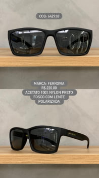 Óculos de Sol Ferrovia Masculino Preto Fosco Pequeno com Lente Preta Polarizada em Acetato 642938 Óculos de Sol Ferrovia Masculino Preto Fosco Pequeno com Lente Preta Polarizada em Acetato 642938