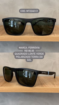 Óculos de Sol Ferrovia Masculino Preto Fosco Quadrado com Lente Verde Terra do Sol Polarizado em Acetato MT2240 C1