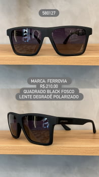 Óculos de Sol Ferrovia Masculino Preto Fosco Quadrado Lente Degrade Polarizado em Acetato 580127 Óculos de Sol Ferrovia Masculino Preto Fosco Quadrado Lente Degrade Polarizado em Acetato 580127