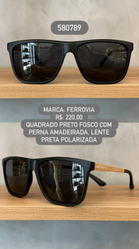Óculos de Sol Ferrovia Masculino Preto Fosco Quadrado Lente Preta Polarizada Pernas Amadeiradas 580789