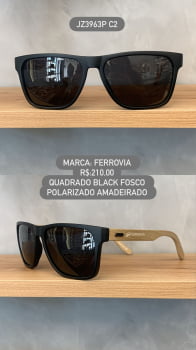 Óculos de Sol Ferrovia Masculino Preto Fosco Quadrado Lente Preta Polarizada Pernas Amadeiradas JZ3963P C2