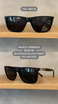 Óculos de Sol Ferrovia Masculino Preto fosco Quadrado Lente Preta Polarizado em Acetato 580120