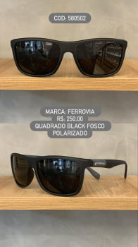 Óculos de Sol Ferrovia Masculino Preto Fosco Quadrado Lente Preta Polarizado em Acetato 580502