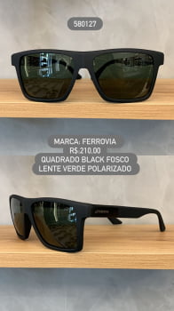 Óculos de Sol Ferrovia Masculino Preto Fosco Quadrado Lente Verde Polarizado em Acetato 580127 Óculos de Sol Ferrovia Masculino Preto Fosco Quadrado Lente Verde Polarizado em Acetato 580127
