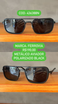 Óculos de Sol Ferrovia Masculino Preto Fosco Quadrado com Ponte Alta e Lente Preta Metal Polarizado 436388N