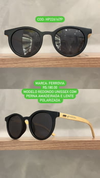 Óculos de Sol Ferrovia Masculino Preto Fosco Redondo com Perna Amadeirada Acetato Polarizado HP226167P C1 