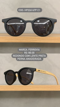 Óculos de Sol Ferrovia Masculino Preto Fosco Redondo com Perna Amadeirada Acetato Polarizado HP226167P C1 