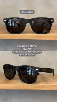 Óculos de Sol Ferrovia Masculino Preto Fosco Style com Lente Preta Flexível Polarizado em Acetato 453089