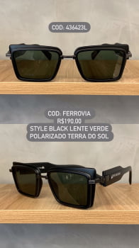 Óculos de Sol Ferrovia Masculino Preto Fosco Style com Lente Verde Terra do Sol Polarizado em Metal 436423L