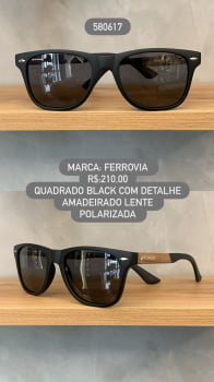 Óculos de Sol Ferrovia Masculino Preto Quadrado com Detalhe Amadeirado Lente Preta Polarizada 580617