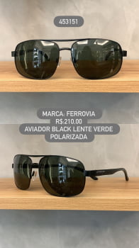 Óculos de Sol Ferrovia Masculino Preto Quadrado Ponte Alta com Lente Verde Polarizada em Metal 453151 Óculos de Sol Ferrovia Masculino Preto Quadrado Ponte Alta com Lente Verde Polarizada em Metal 453151