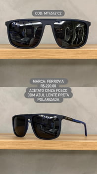 Óculos de Sol Ferrovia Masculino Quadrado Azul Lente Preta Polarizado em Acetato MT4542 C2