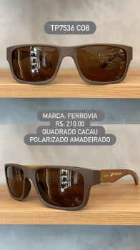 Óculos de Sol Ferrovia Masculino Quadrado Cacau Fosco com Lente Cacau Amadeirado em Acetato Polarizado TP7536 CO8