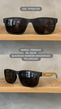 Óculos de Sol Ferrovia Masculino Quadrado Marrom Fosco com Lente Preta Amadeirado em Acetato Polarizado TP7525 C07